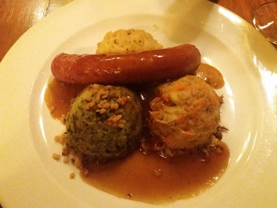 Three types of mashed potatoes with smoked sausage